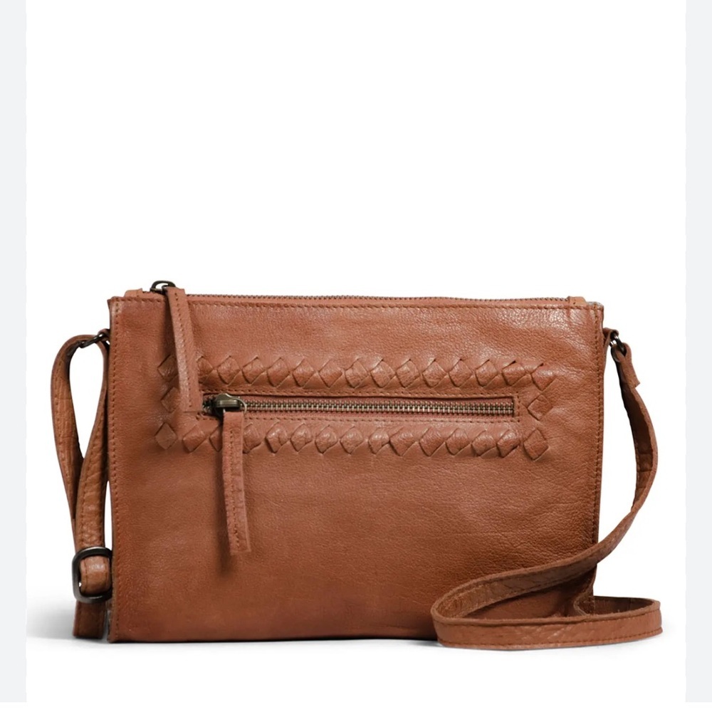 The Day & Mood sling Crossbody brown leather oversized clutch zip closure EUC